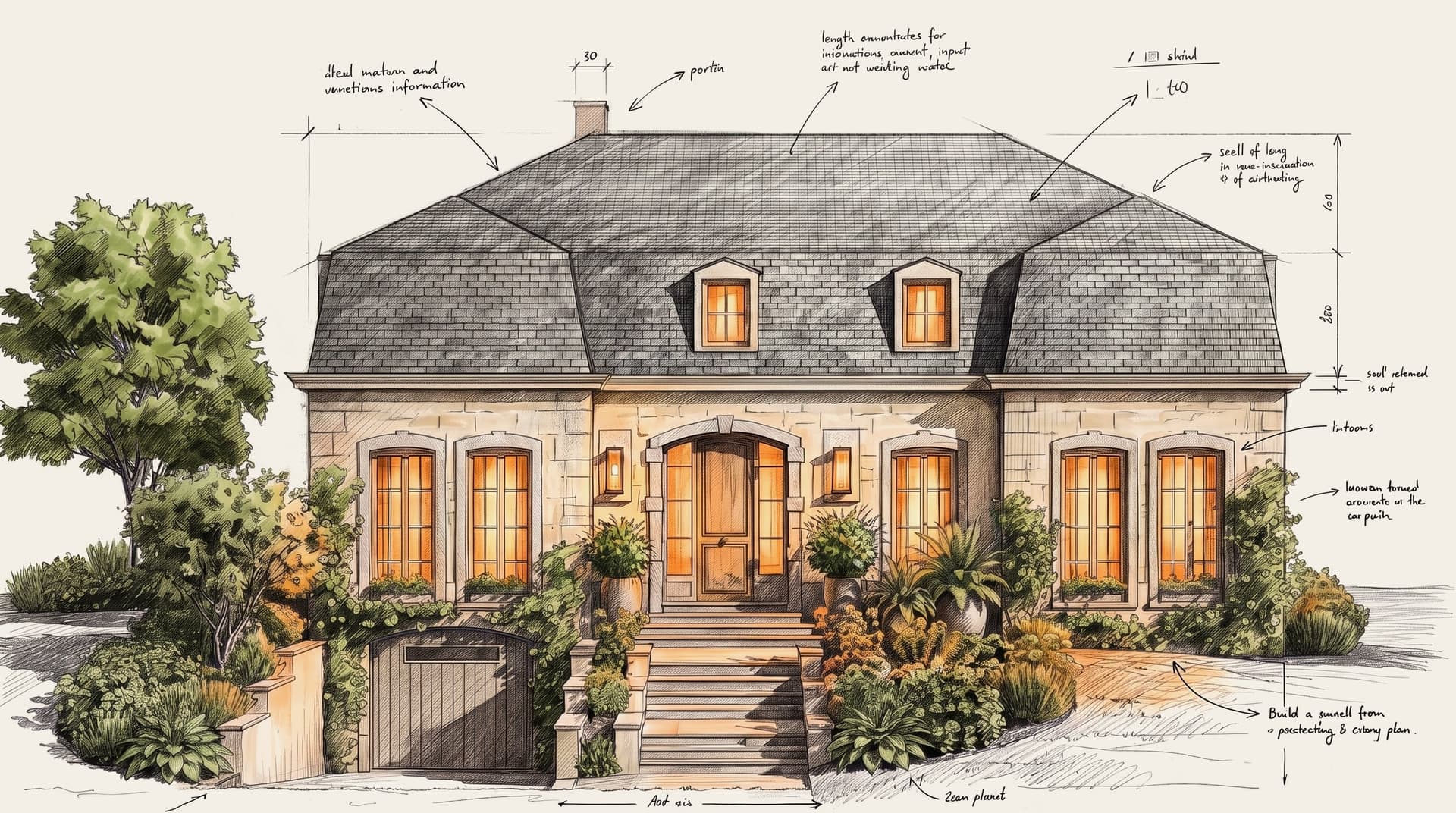 Croquis aquarellé de la façade avant