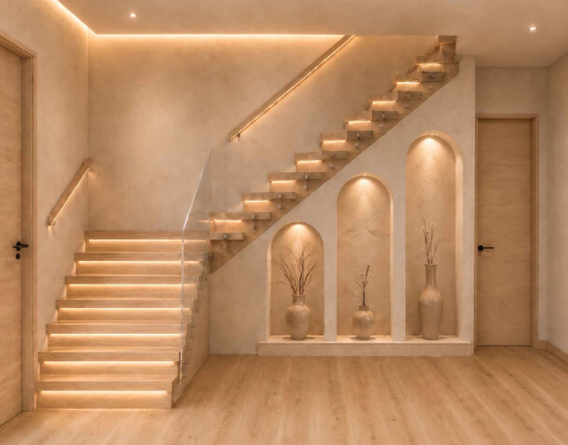 Escalier en bois clair éclairé par un ruban LED, trois niches en arche avec des vases