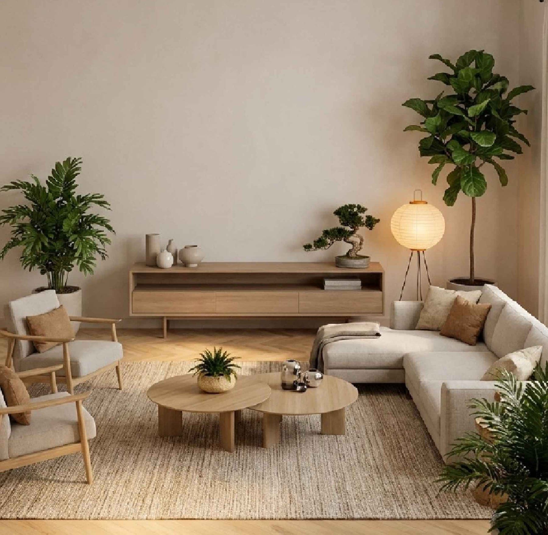Salon : canapé clair, tables basses rondes en bois, tapis en jute et plantes